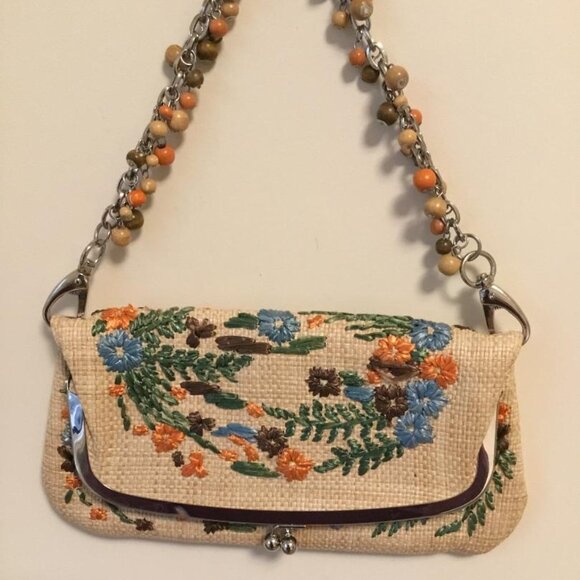 Rafe Multicolor Floral Embroidered Straw Clutch Purse with Kiss Lock Closure - Picture 1 of 4